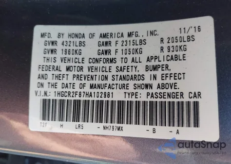 2017 Honda Accord Ex-L z USA, uszkodzony, nr VIN 1HGCR2F87HA102981